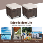 Set of 2 Outdoor Wicker Ottomans, All Weather Rattan Patio Footstool w/Removable Cushions, Patio Rattan Furniture, Extra Footrest Seat for Garden, Patio, Deck, Porch, Poolside (Light Brown)