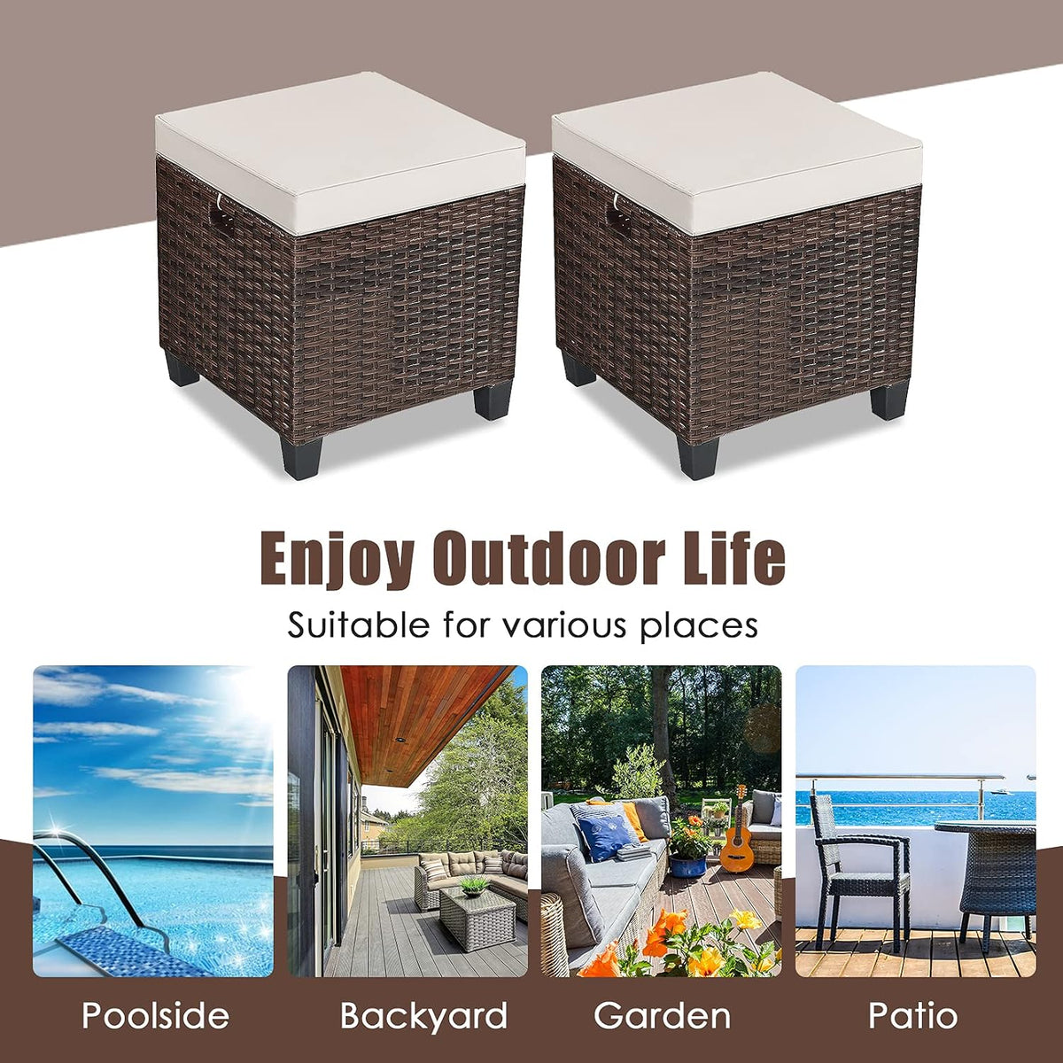 Patio Ottoman Outdoor Rattan Wicker Ottoman Seat, 2 Pieces All Weather Footstool Footrest Seat with Removable Cushions, Outdoor Ottoman Set for Patio, Porch, Poolside (Brown)