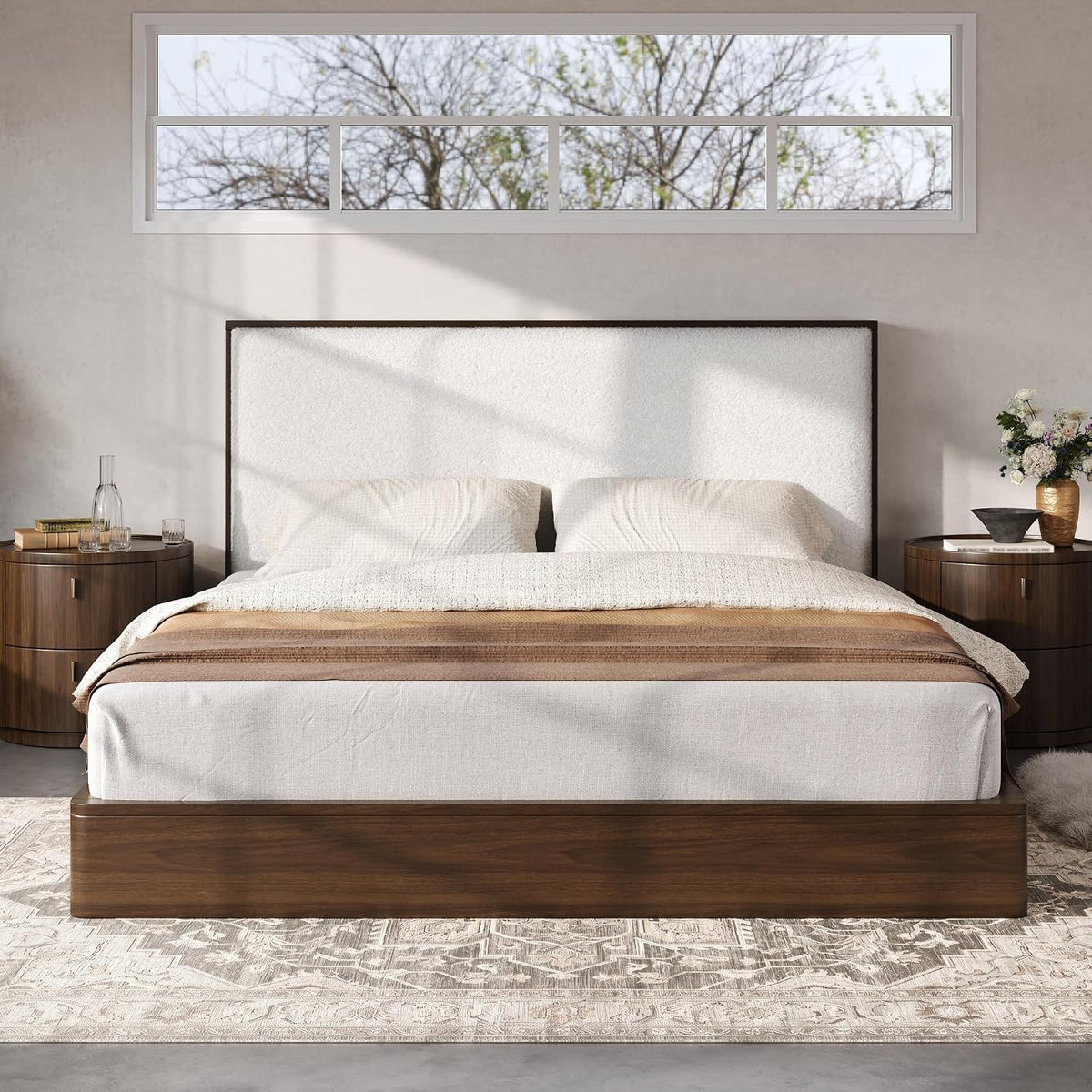 Queen Size Walnut Wood Platform Bed Frame with Soft Cloud Headboard