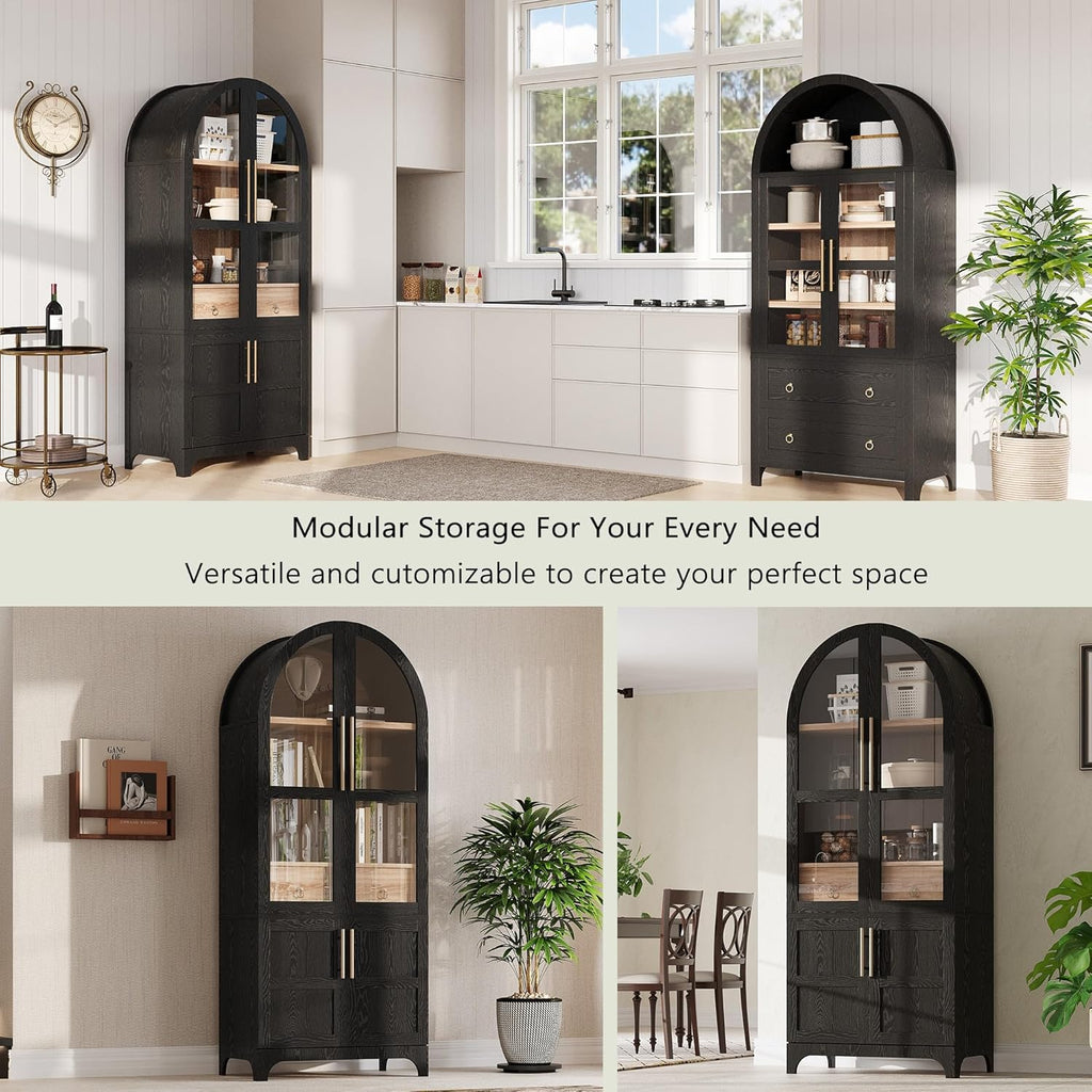 71" Tall Arched Kitchen Pantry Cabinet, Freestanding Kitchens Storage Cabinets with Hidden Drawers, Adjustable Shelves, & Glass Doors, Versatile Cupboard for Kitchen, Dining Room, Bathroom,Black