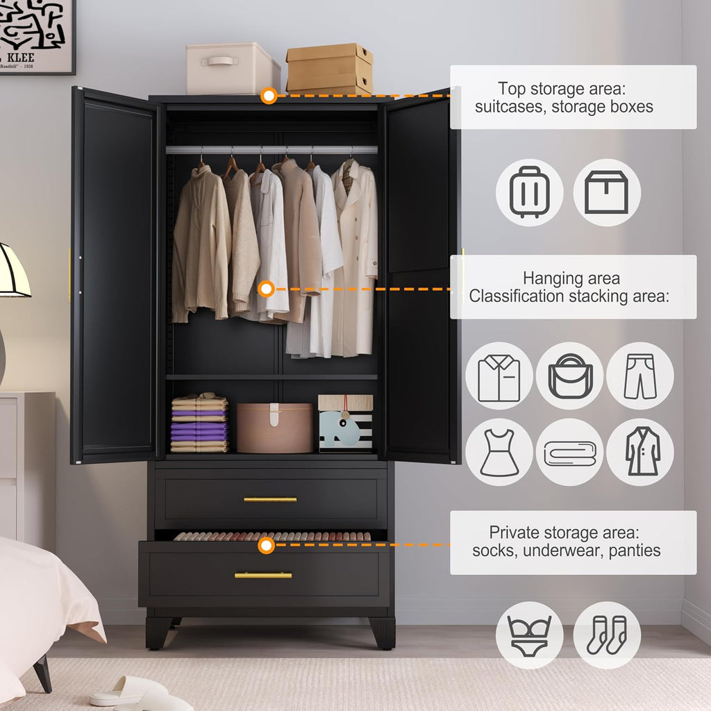 RIETERN Metal Armoire Wardrobe Closet, 71" Tall Bedroom Closet with Mirror, 2 Drawers, Adjustable Shelves, and Hanging Rod, Steel Clothes Closets and Storage, for Bedroom Black