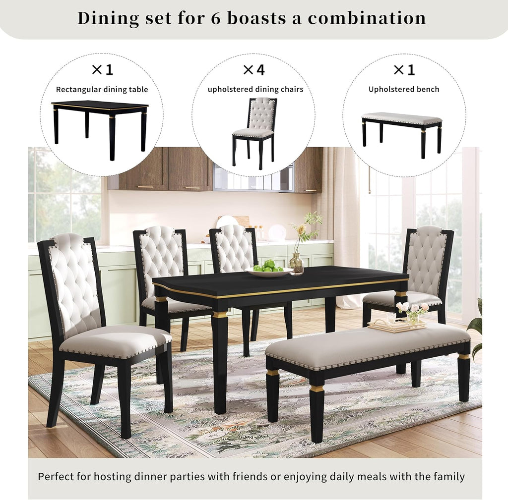 Merax 6-Piece Kitchen Dining Table Set, 60" Rectangular Table with 4 High-Back Tufted Upholstered Chairs & 1 Bench, Rubberwood Legs Modern Elegant Farmhouse for Kitchen Room, Black