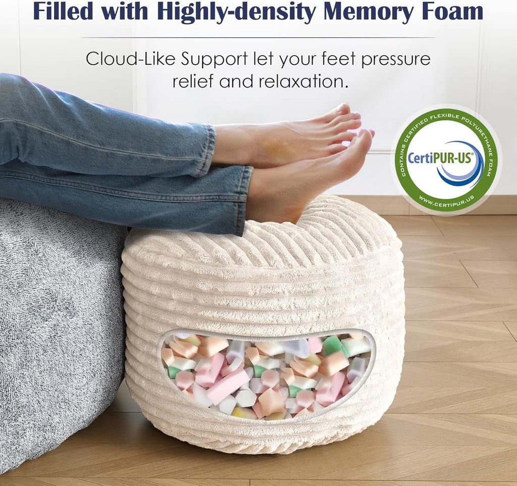 Stuffed Round Ottoman,Corduroy Pouf Ottoman Foot Rest,20 X 15 in,Beige | Memory Foam Filling,Pouf Storage Ottoman Footstool for Living Room,20 X 15 Floor Poufs for Couch,Footrest Only