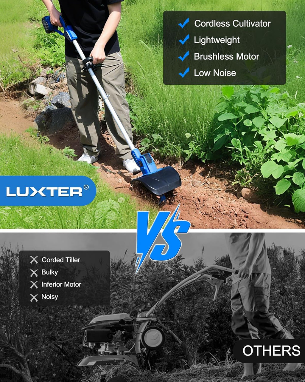 LUXTER 20V Cordless Tiller for Gardening 8.6 Inch Electric Garden Cultivator with 48 Steel Tines Lightweight Cultivators 2×4.0AH Batteries & Fast Charger for Smooth Ground Breaking,Tending,Composting