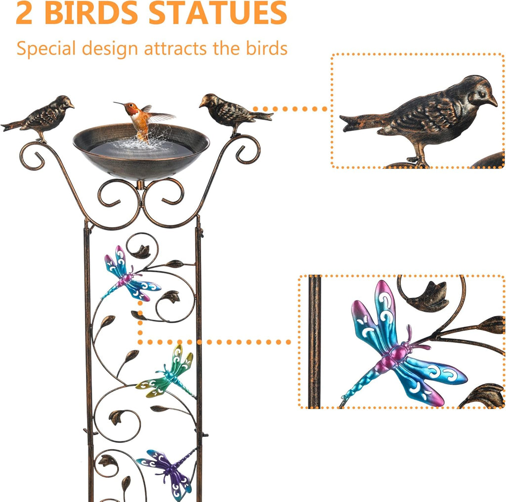 SUNNYPARK Bird Bath with Trellis Outdoor, Antique Garden Iron Plant Trellis with Decorative Dragonfly Detachable Bird Bath Bowl Metal Potted Plant Support for Climbing Flowers