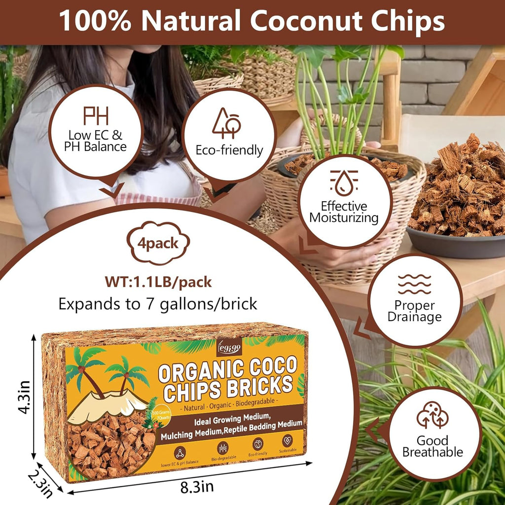Legigo 4 Pack Coco Husk Chips- 4.4 LB 100% Organic Coconut Coir Chips Brick Potting Soil Mix with Low EC & PH Balance, Compressed Coconut Substrate Coco Chips Mulch Medium for Garden, Flowers, Plants