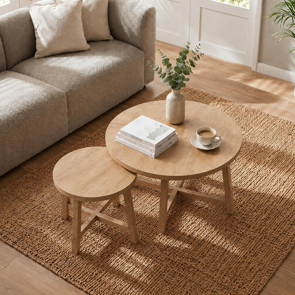 Set of 2 Round Nesting Coffee Tables, Natural Wood Finish Modern Side Tables, X-Shaped Frame Stackable End Tables for Living Room, Bedroom, Balcony 27.56&19.69