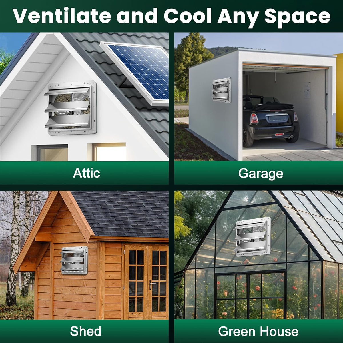 12" Solar Exhaust Fan for Greenhouse with Battery and Adjustable Thermostat, Attic Fans for Garage and Shed with 2PCS 30W Bifacial Solar Panels