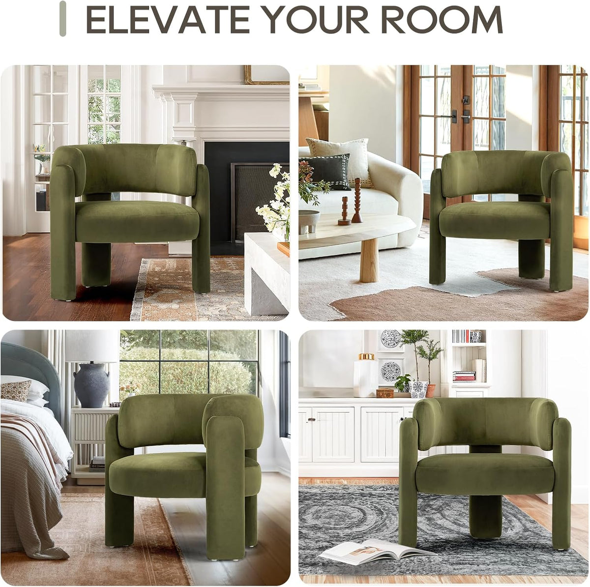 COLAMY Modern Velvet Accent Chair Set of 2, Upholstered Barrel Chairs, Comfy Side Arm Chairs with 3 Legs for Living Room, Bedroom, Reading, Green