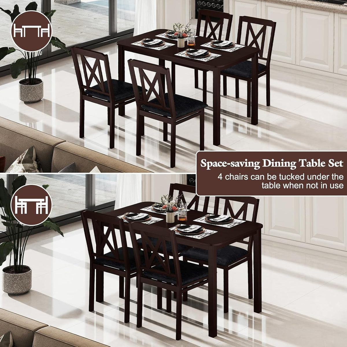 Giantex 5-Piece Dining Table Set for 4, 47" Rectangular Kitchen Table & 4 Chairs with Rubber Wood Legs, Upholstered Seat, Space-Saving Dinette Set for Small Spaces, Living Room, Apartment, Restaurant