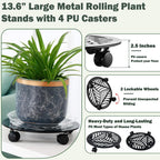 1 Packs Large Metal Plant Caddy with PU Wheels 13.6" Heavy-Duty Wrought Iron Rolling Plant Stands Indoor Outdoor Wheeled Plant Dolly Planter Mover Rollers Plant, Leaf Style