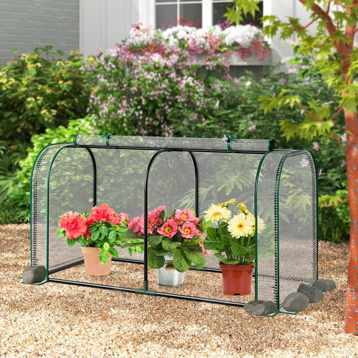 Happygrill Portable Mini Greenhouse, 47" x 22" x 24" Green House w/ Roll-up Zipper Door, Metal Frame, Waterproof Sun-Protective PE Cover, Small Greenhouses for Raised Garden Bed, Outdoor (White)