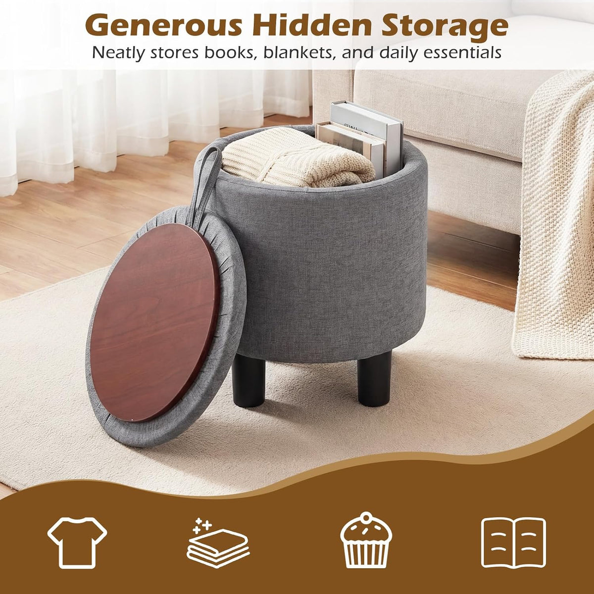 GIANTEX Round Storage Ottoman with Removable Lid & Sturdy Legs, Gray | Linen Fabric Upholstered Ottoman Foot Stool, Small Foot Rest for Living Room, Bedroom