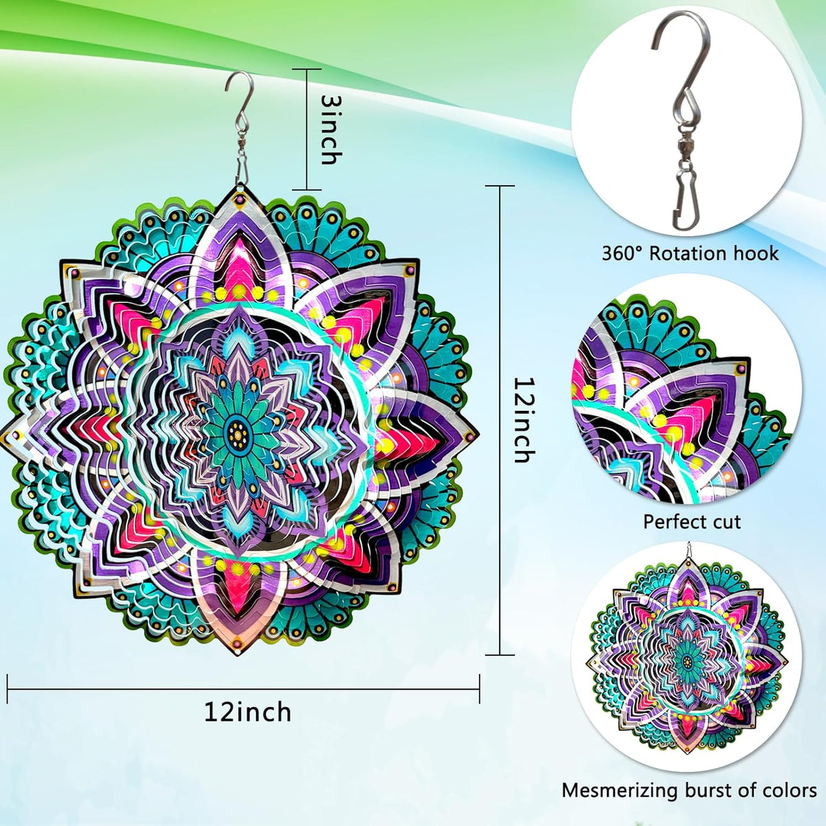 Goolyrusim Wind Spinner Mandala Jasmine, 12Inch Laser Cut Stainless Steel Wind Spinners, 3D Hanging Wind Sculptures for Yard and Garden Decoration Outdoor Decor Ornament, Mandala Gifts for Women Men