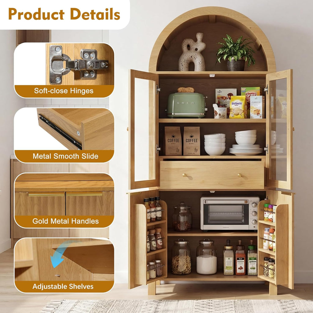 SOFTSEA 71" Tall Kitchen Pantry Cabinet with Adjustable Shelves, Fluted Arched Cupboard Cabinet with Hidden Drawer & Glass Door, Kitchen Hutch with Door Shelves for Dining Room, Oak