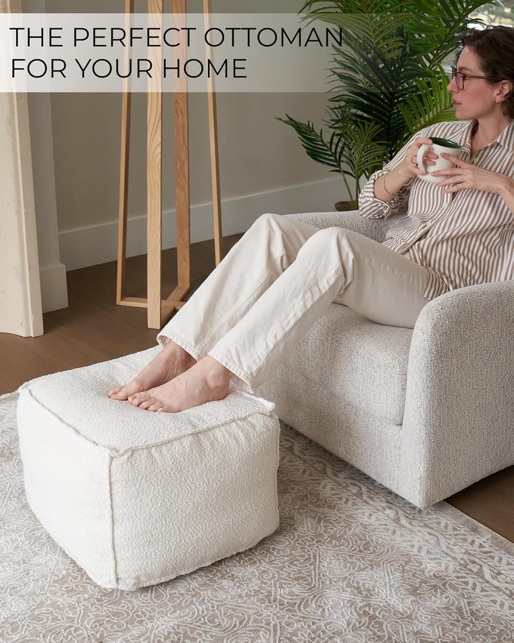 ZICOTO Beautiful Boucle Pouf Ottoman and Foot Rest - Elevate Your Living Room Decor with Lightweight Comfort and Charm - A Round Modern Foam Filled Foot Stool Perfect to Rest Your Feet