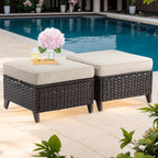 Joyside Patio Ottoman Set of 2, All Weather Outdoor Rattan Ottomans Patio Footstools with Removable Cushions for Garden Backyard Porch (Beige)