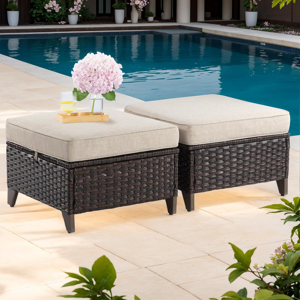 Joyside Patio Ottoman Set of 2, All Weather Outdoor Rattan Ottomans Patio Footstools with Removable Cushions for Garden Backyard Porch (Beige)