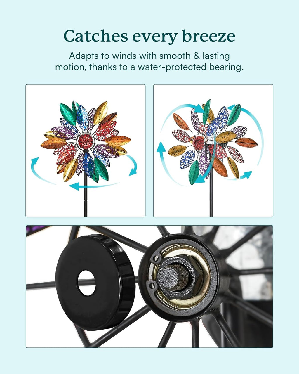 Solar Garden Wind Spinners with Light, Metal Yard Wind Spinners with Stake for Outdoor Lawn Decor (20" W x 77" H)
