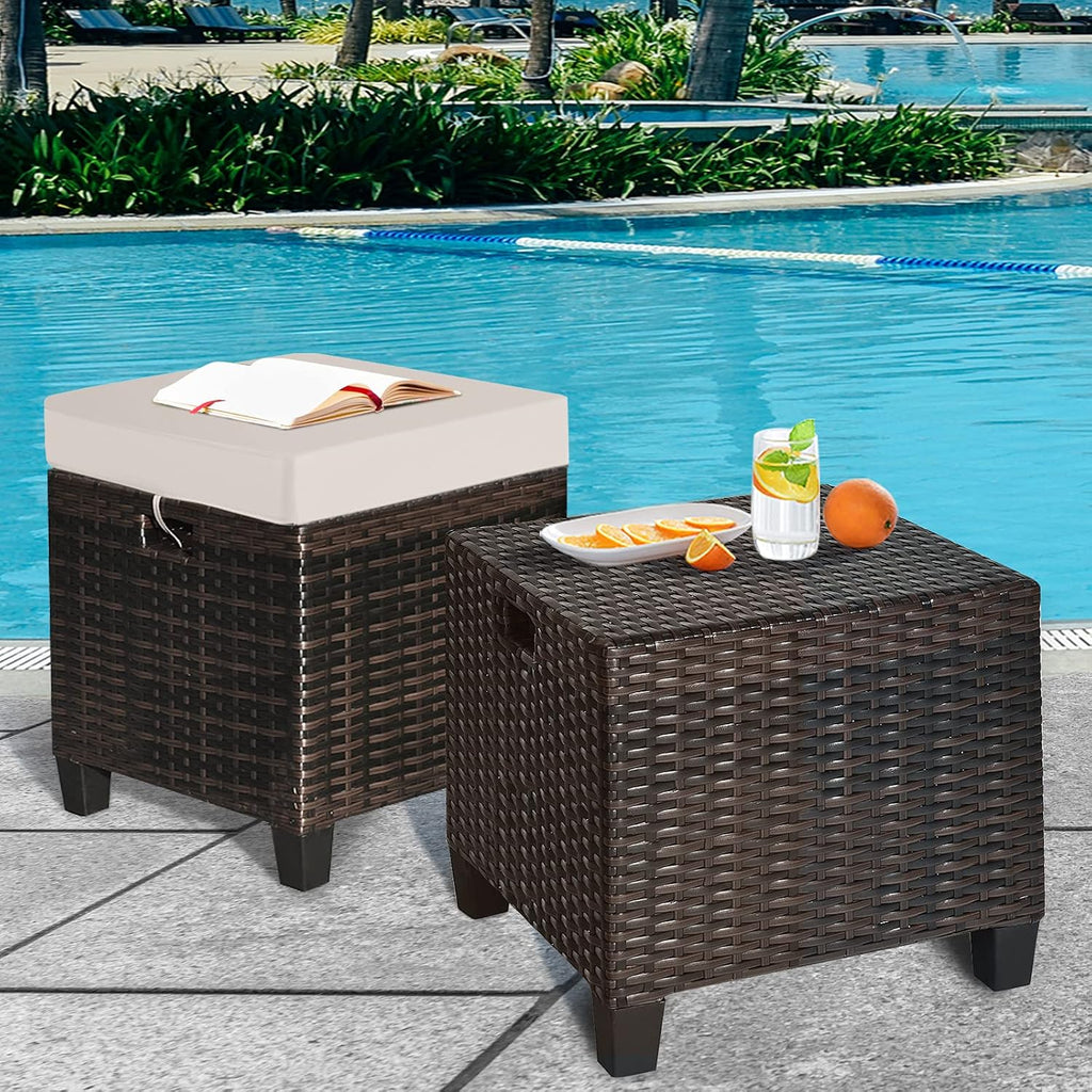 Set of 2 Outdoor Wicker Ottomans, All Weather Rattan Patio Footstool w/Removable Cushions, Patio Rattan Furniture, Extra Footrest Seat for Garden, Patio, Deck, Porch, Poolside (Light Brown)