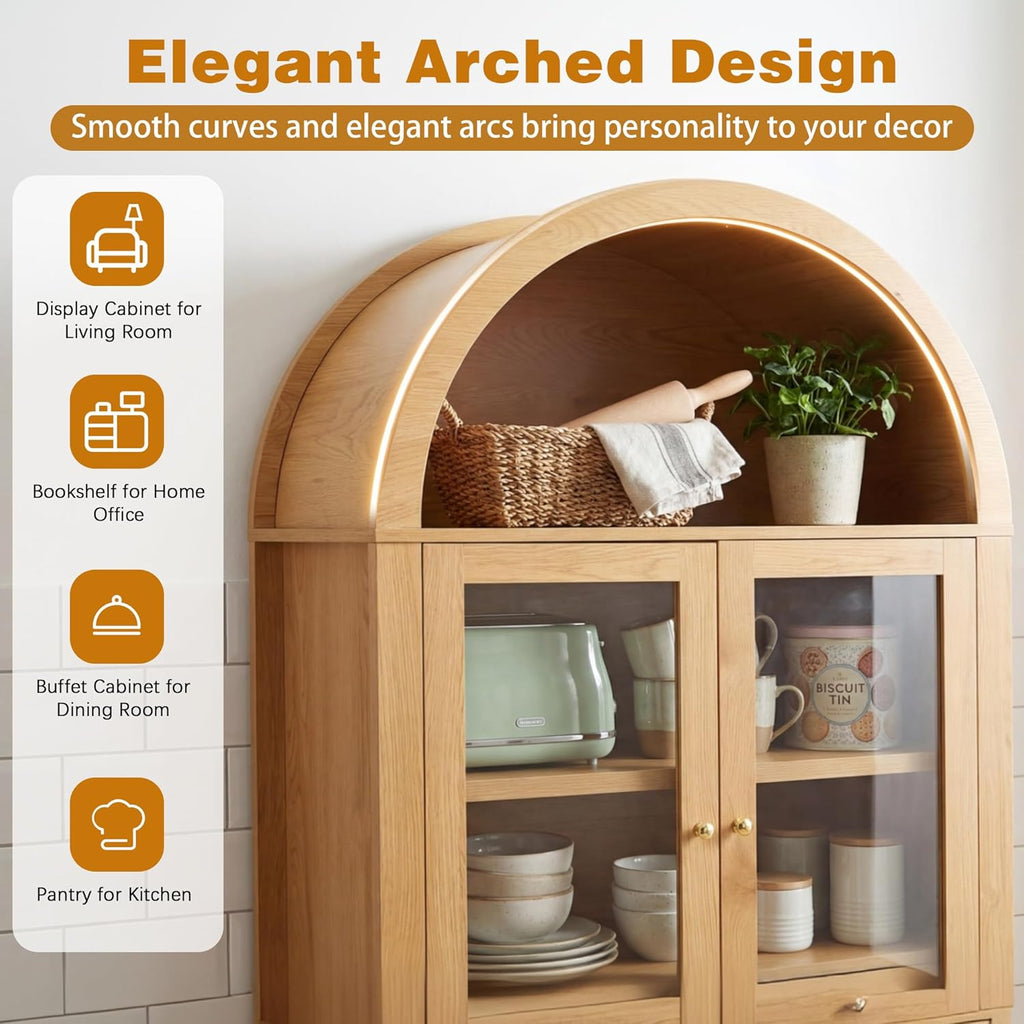 SOFTSEA 71" Tall Kitchen Pantry Cabinet with Adjustable Shelves, Fluted Arched Cupboard Cabinet with Hidden Drawer & Glass Door, Kitchen Hutch with Door Shelves for Dining Room, Oak