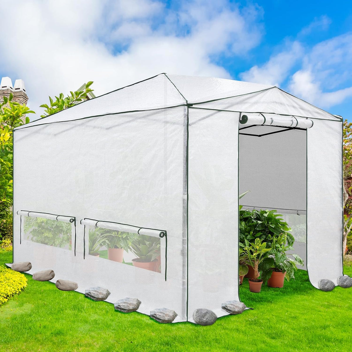 EAGLE PEAK Woven Replacement Cover for 12x8 Portable Walk-in Pop up Greenhouse, Front and Rear Roll-Up Zipper Entry Doors and 4 Roll-Up Side Windows (Frame Not Included), White