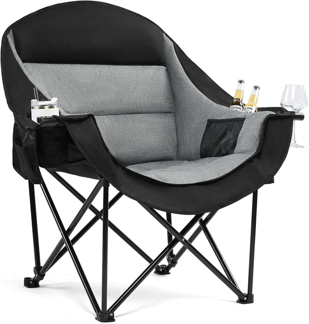 Oversized Camping Chairs for Adults - Heavy Duty Padded Outdoor Folding Lawn XL Camp Chair with Cup Holder Cooler Pockets for Outside Sports Beach Fishing Garden Portable Supports 500lbs, Black