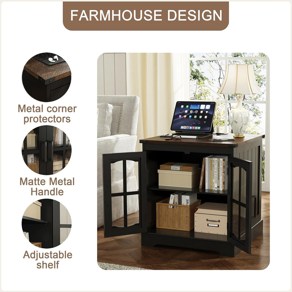 ChooChoo Farmhouse End Table Set of 2, 24" Large Sofa Side Table with Charging Station & LED Light, Black Nightstand with Adjustable Storage Shelf, Square Bedside Table for Living Room