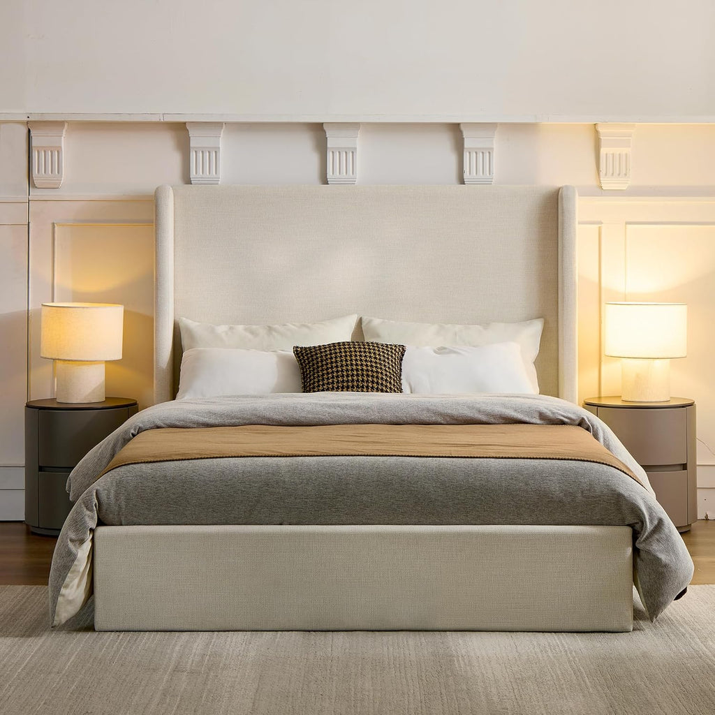 Queen Size Upholstered Platform Bed Frame, 54" High Headboard Carmen Wingback Bed, Fully Upholstered Mattress Foundation, No Box Spring Needed No Noise, Minimalist, Textured Ivory