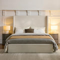 King Size Upholstered Platform Bed Frame, 52.3" High Headboard Carmen Wingback Beds, Tall Headboard King Floor Bed Frames, No Box Spring Needed No Noise, Minimalist, Textured Ivory