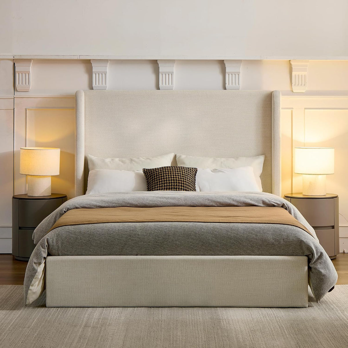 Upholstered Bed Frame Queen Size, 54" High Headboard Platform Beds Caron Tall Wingback Bed Frames, Box Spring Request/No Noise/Simplicity Minimalist, Textured Ivory Canvas Chenille