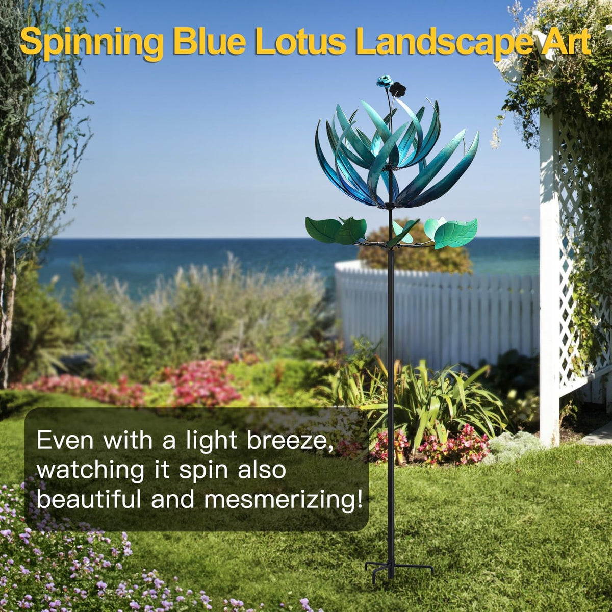 LimeHill Wind Spinner for Yard and Garden - Large Metal Windspinners for Outdoor Decorations (Blue Lotus (24 X 84 Inches))