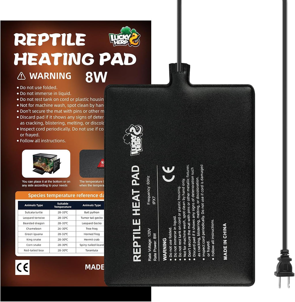 LUCKY HERP Reptile Heat Pad 6x8 Inch 8W Under Tank Terrarium Heating Mat, Reptile Heat Mat, Reptile Heating Pad for Turtle, Lizard, Hermit Crab, Frog, Snake