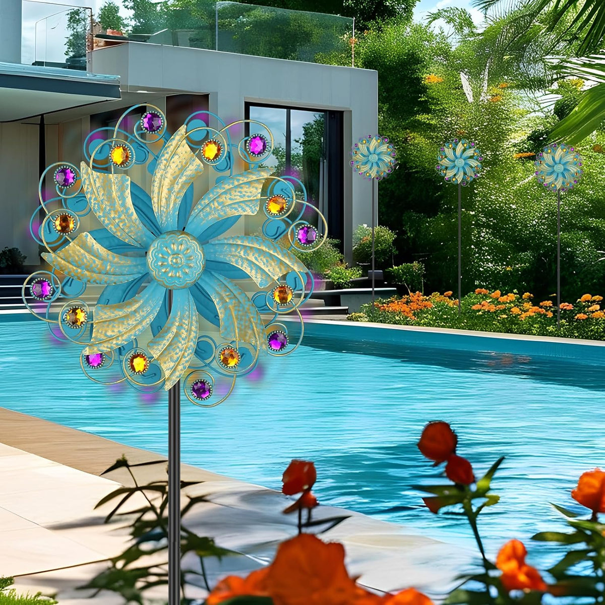 Metal Wind Spinners Outdoor, Golden Kinetic Wind Sculpture Garden Pinwheels with Metal Stake, Yard Art Decor for Patio, Lawn & Garden, Creative Gifts 57.5 * 13 Inch