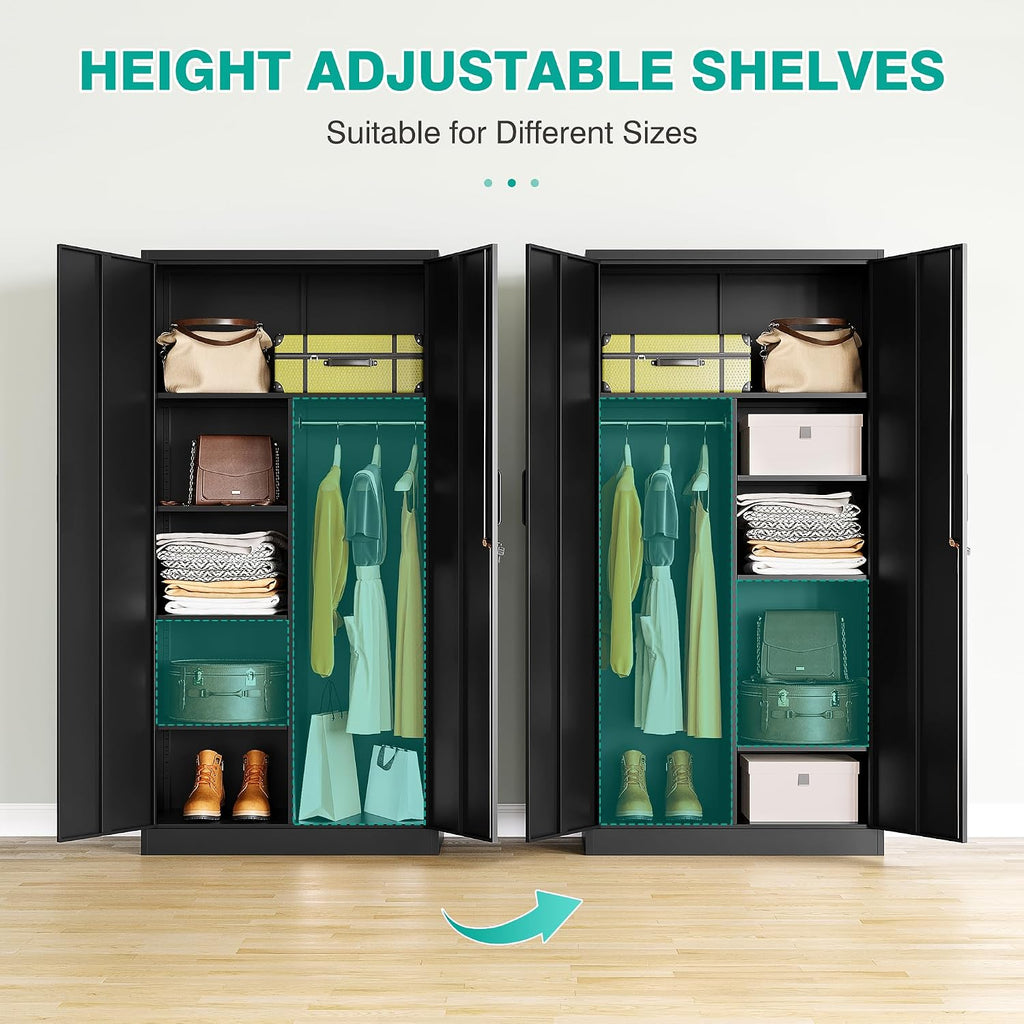Metal Wardrobe Cabinet with Lock,72" Armoire Closet with Hanging Rod,Lockable Storage Locker,Black Storage Cabinet with Locking Doors,Garage Closet,Steel Wardrobe for Home,Bedroom,Office,Employee,Shop