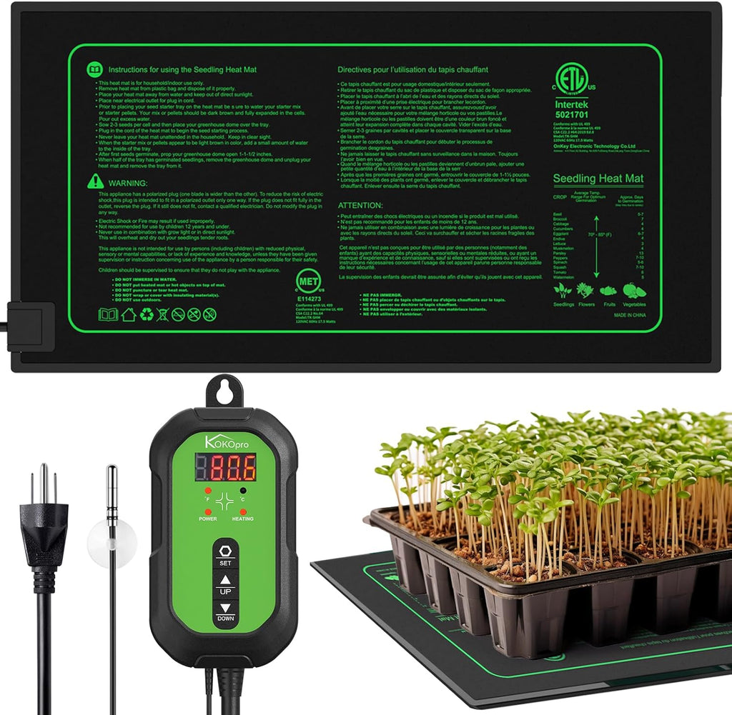 10"x 20" Seedling Heat Mat and Digital Thermostat Combo Set - KOKOPRO Warm Hydroponic Heating Pad for Seed Germination Indoor Gardening Greenhouse for Reptiles Seedlings Incubation Fermentation