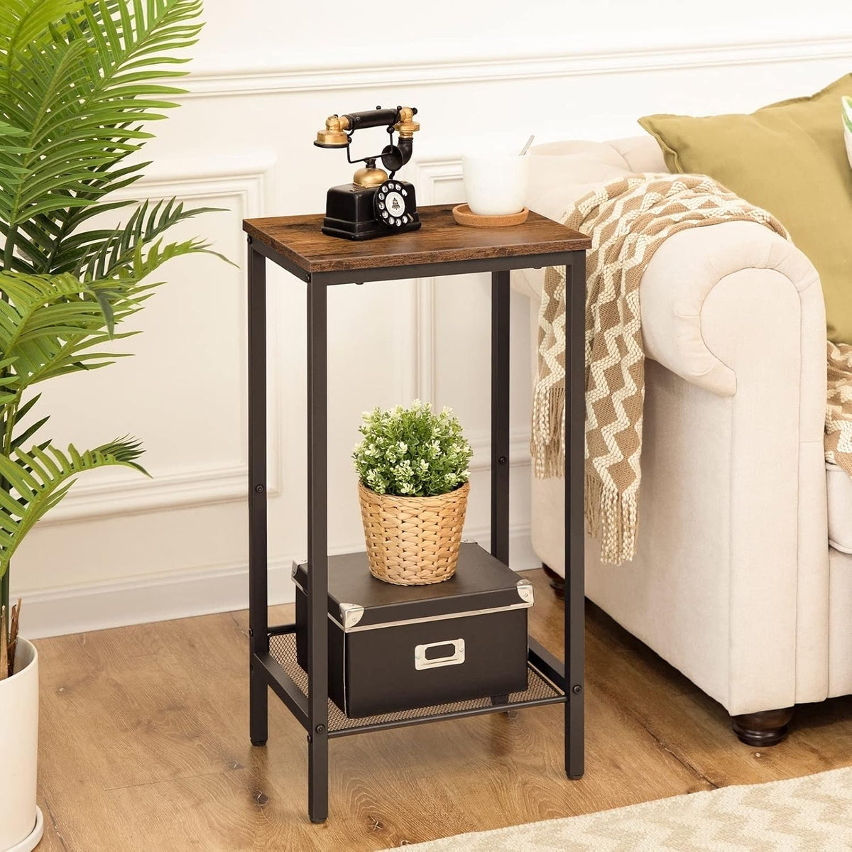 Telephone Table High Sofa Side Table with Adjustable Mesh Shelf Narrow Bedside Table for Office Hallway Living Room Brown