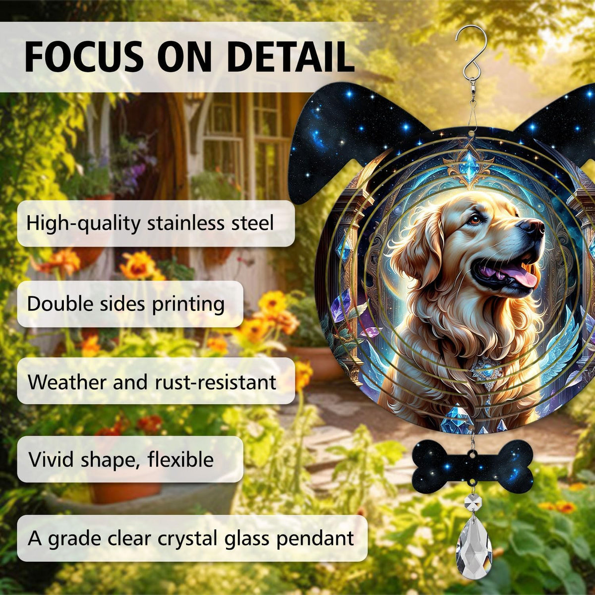 Celestial Golden Retriever Dog Ears Wind Spinner, Celestial Golden Retriever Wind Spinner Hanging for Yard and Garden