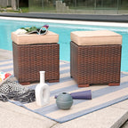 Patiorama 2 Pieces Assembled Outdoor Patio Ottoman, Indoor Outdoor All-Weather Dark Brown Wicker Rattan Outdoor Footstool Footrest Seat with Beige Cushions, No Assembly Required