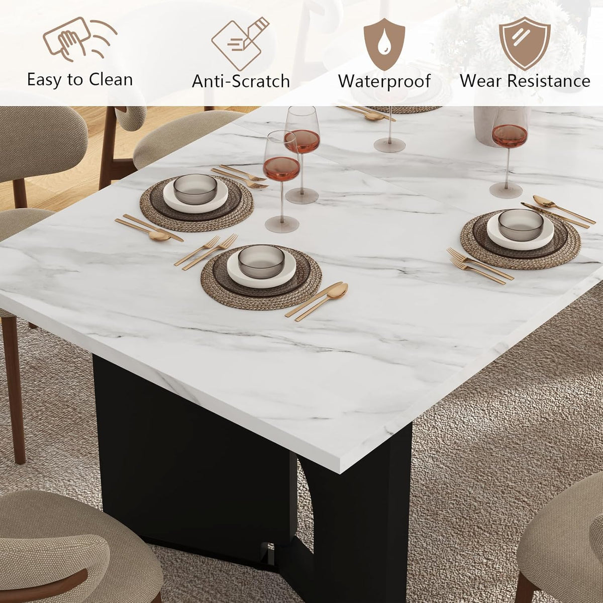 86.6" Modern Dining Table for 6-10 People,Long Kitchen Tables with Wooden Black V Shaped Frame Legs,Rectangular Dinner Table with Imitation Marble Tabletop for Kitchen, Dining Room（Only Table