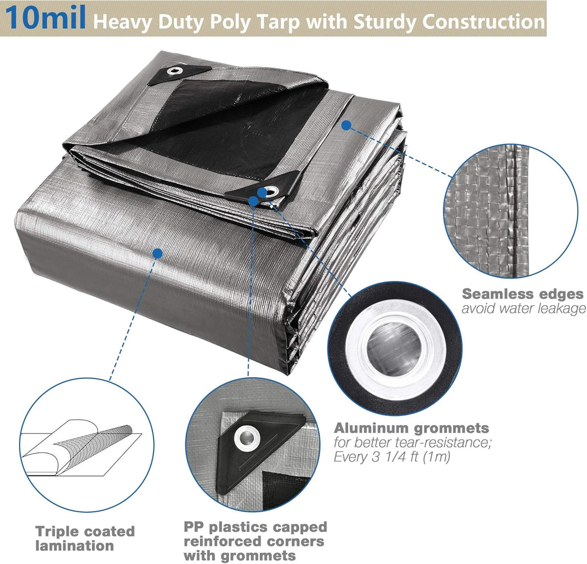Yescom 50x30ft Heavy Duty Reinforced Poly Tarp Waterproof Tarpaulin 10mil Ground Sheet Camping Tent Cover with Eyelets Reversible Silver Black Tarps