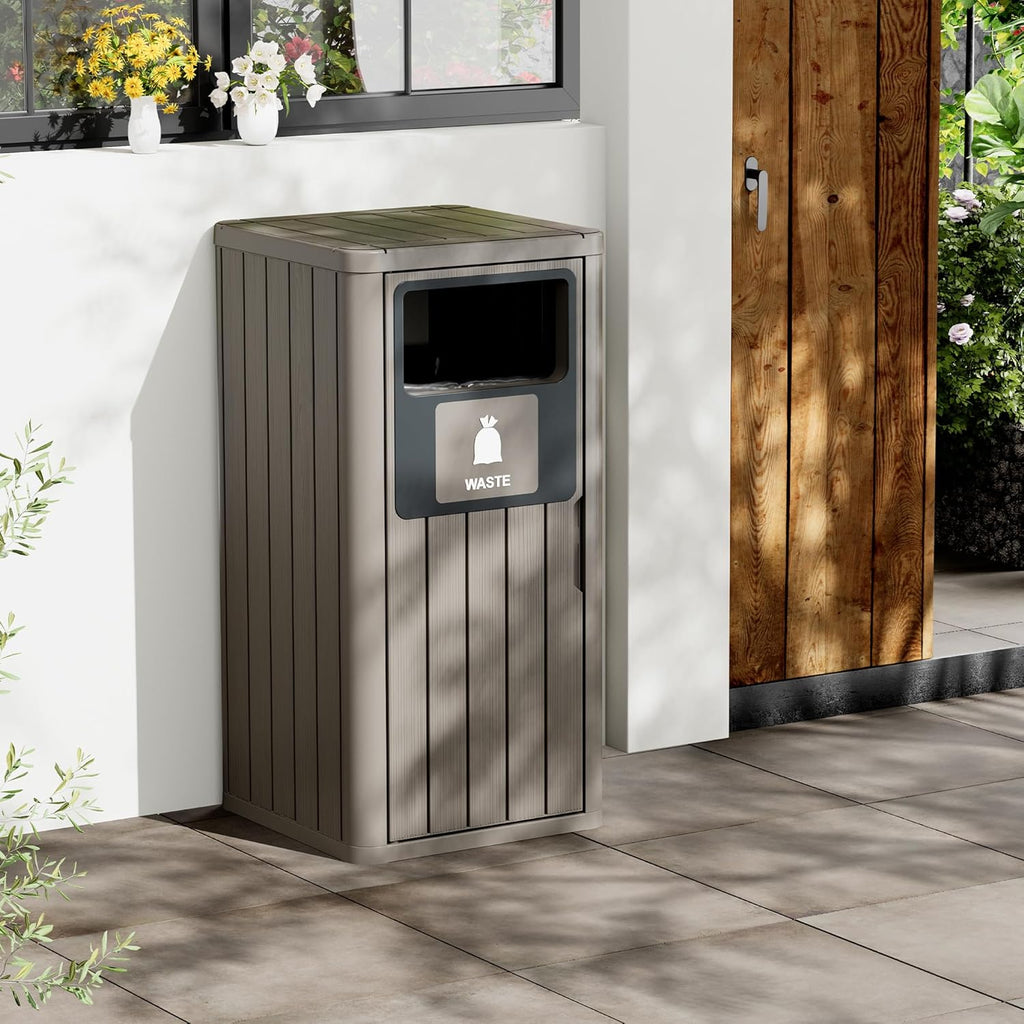 Outdoor Trash Can Waterproof Resin Garbage Can with Garbage Labels Outdoor Trash Bin for Patio, Garden,Kitchen
