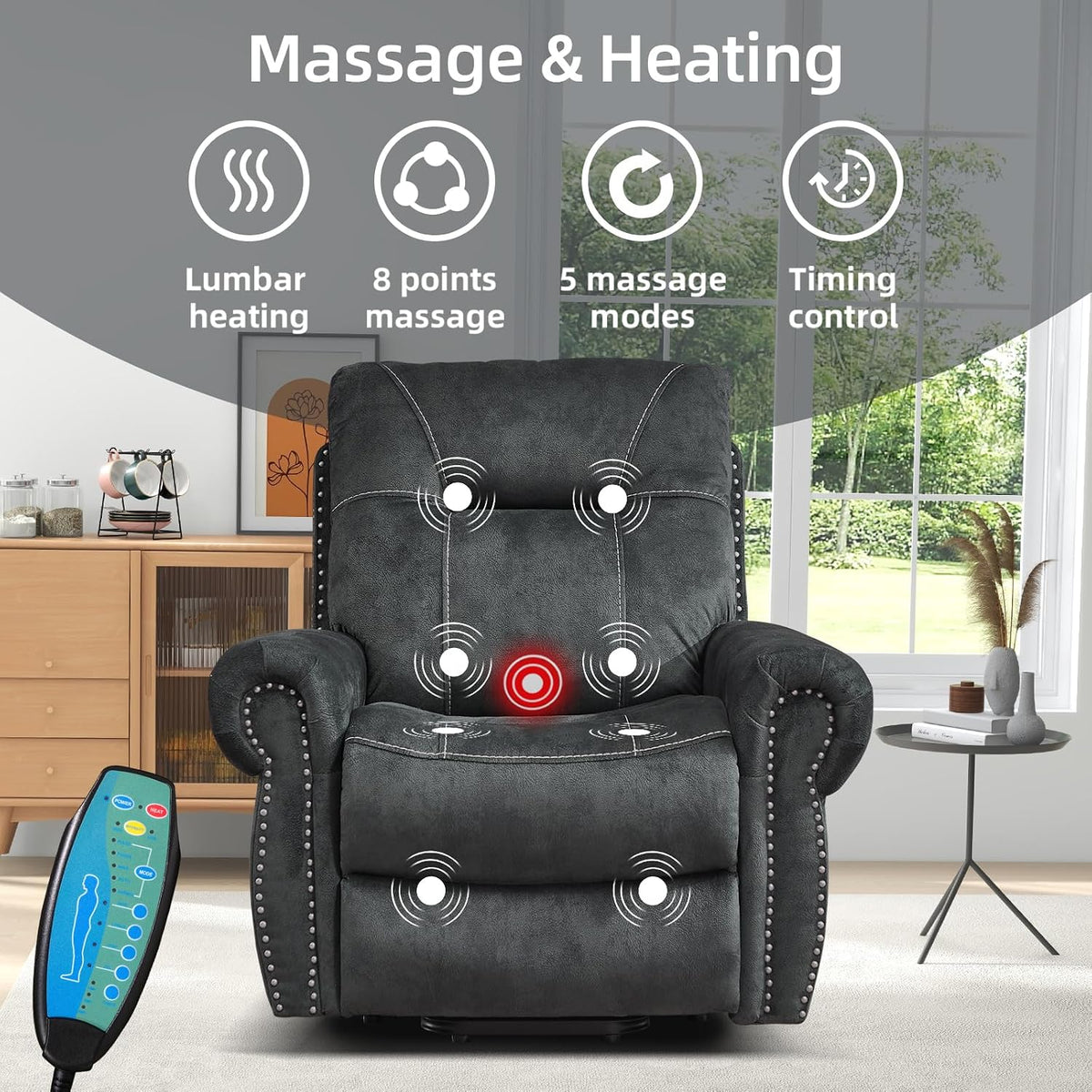 EBELLO 3 Pieces Reclining Couch Furniture Set for Living Room, Double 1 Seat Power Recliner Chair with Massage and Heat, a 3 Seater Manual Sofa, Vintage Rivet Mid-Century Design, Grey