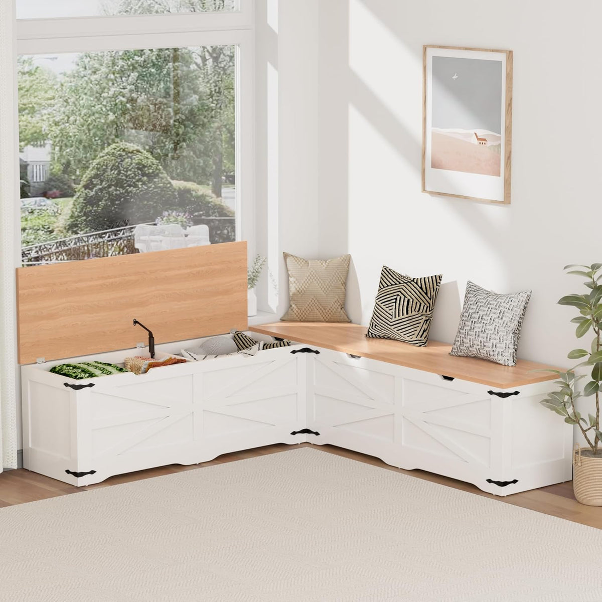 L Shape Kitchen Breakfast Nook Bench, Backless Farmhouse Storage Bench, Corner Dining Bench with Hidden Storage for Dining Room, Kitchen, Entryway