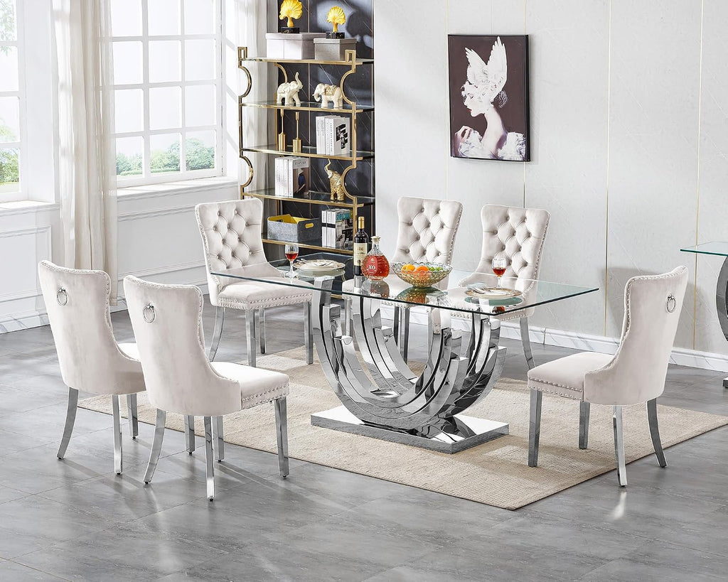 7 Piece Dining Table Set with 6 Beige Dining Chairs, Modern Glass Kitchen Table and Chairs Set for 6, 70" Rectangle Silver Glass Pedestal Dining Room Tables with Ring-Shape Stainless Steel Base
