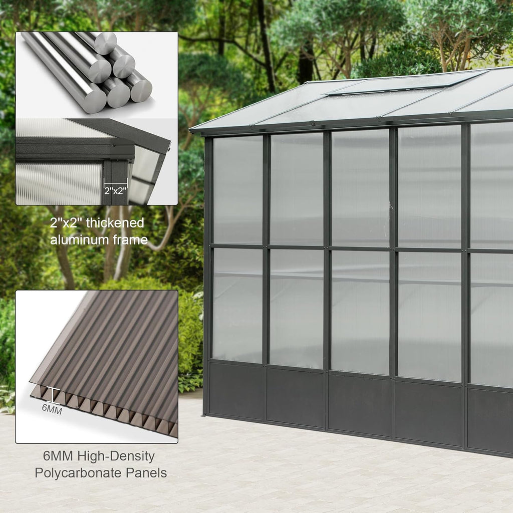 Domi 8x10FT Polycarbonate Greenhouse with Automatic Vent, Extra Tall 8FT Walk-in Aluminum Frame, Weather-Resistant Green House with Shelves & Hooks for Outdoor Garden, Backyard, Dark Grey