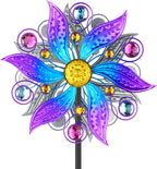 Metal Wind Spinner Outdoor, Purple Flowers Wind Sculpture Spinners with Metal Stake, Yard Art Decor for Patio, Lawn & Garden, Creative Gifts 57.5 * 13.3 Inch