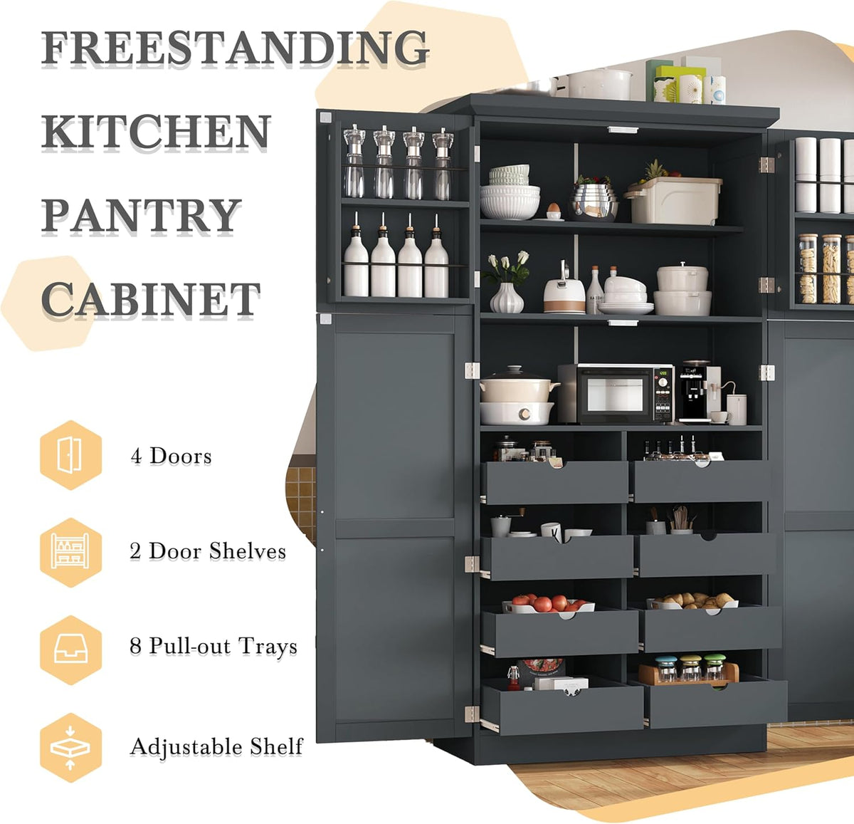 71" Tall Kitchen Pantry Cabinet with 4 Doors, 8 Pull-out Trays (Gray) | Adjustable Shelves, Freestanding Storage Cabinet for Kitchen Dining Room Living Room, Anti-Tip Design