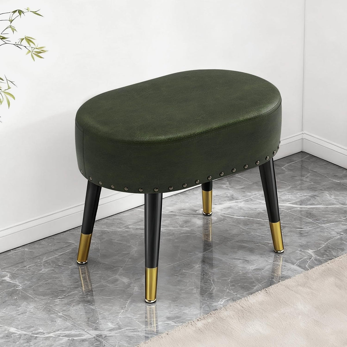 LITZFUR Vintage Vanity Stool Chair, Leather Foot Rest Stool, Green | Oval Ottoman with Metal Legs, Rivet Stool, Padded Seat for Makeup Room, Living Room, Bedroom, 17.7''L x 11.8''W x 15.7''H