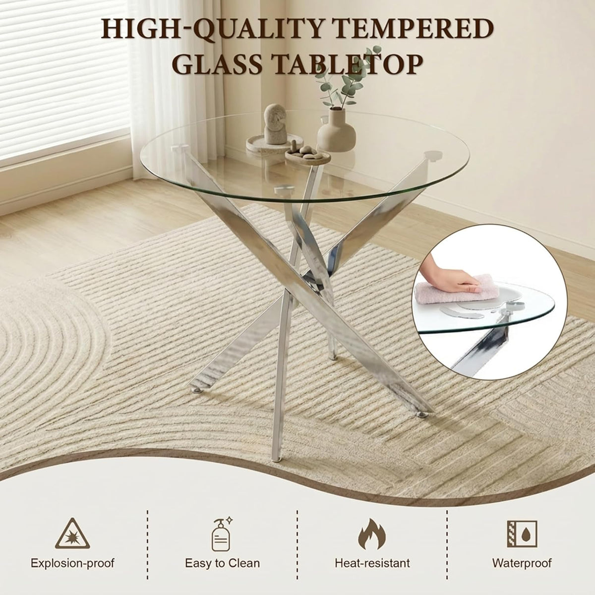 Round Glass Dining Table Set for 4, Modern Kitchen Table Chairs Set of 4, 35" Circle Glass Dinner Table with Silver Metal Legs, 4 White Pu Leather Chairs, 5 Piece Dining Set for Small Space Apartment